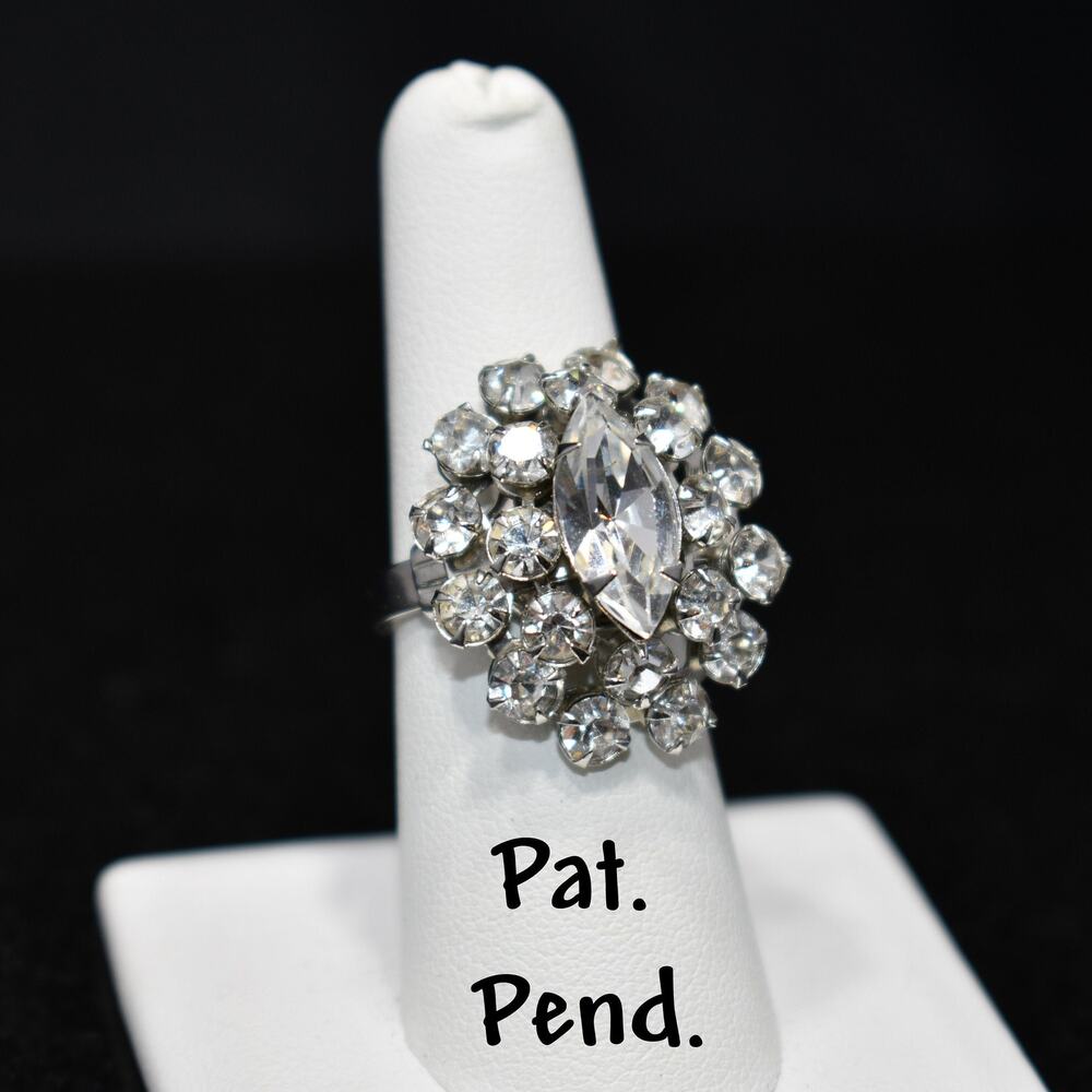 Vintage Clear Rhinestone Ring, Adjustable, 1950s Jewelry